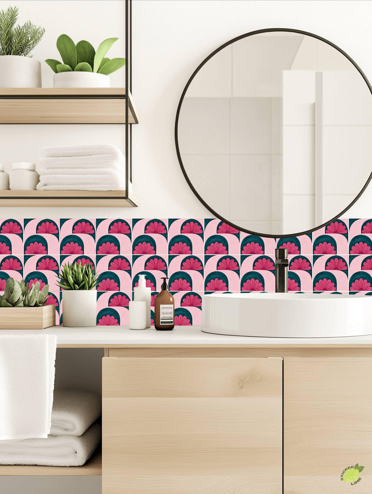 Pink and Teal Floral Arch peel and stick tile decals, photo 3 of 8