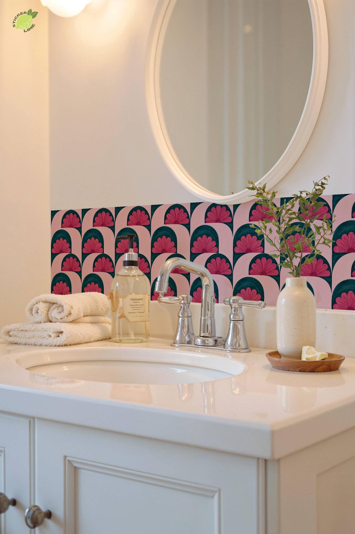 Pink and Teal Floral Arch peel and stick tile decals, photo 7 of 8