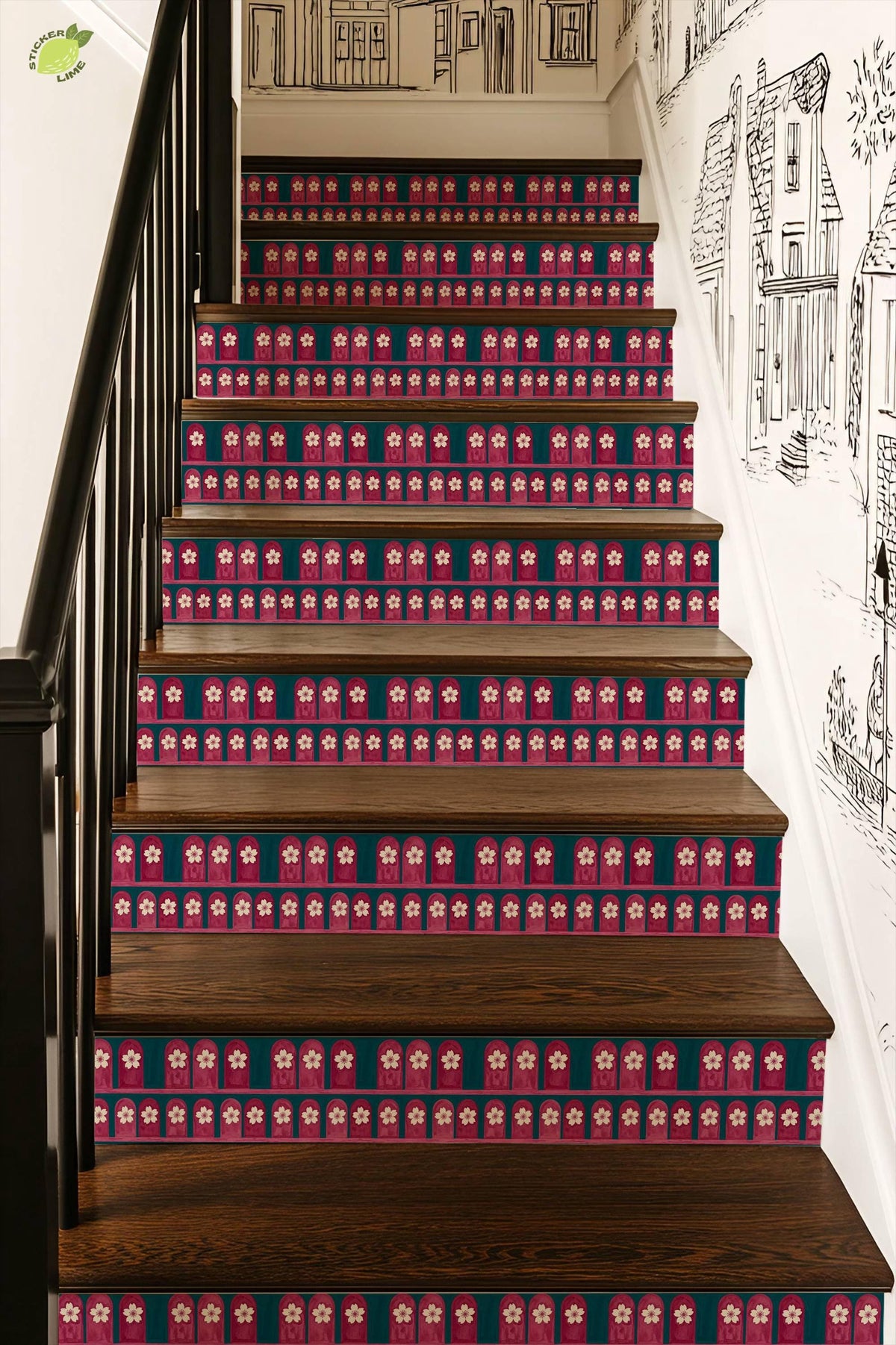 Pink Arches Cherry Blossom peel and stick stair riser decals, photo 7 of 8
