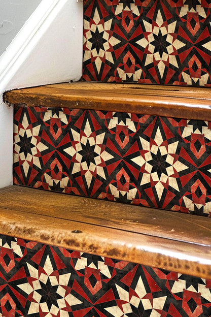 Red & Beige Rustic Moroccan Tile peel and stick stair riser decals