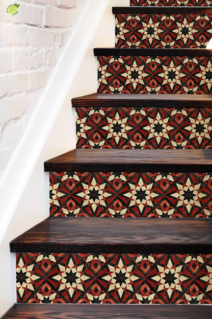 Red & Beige Rustic Moroccan Tile peel and stick stair riser decals, photo 3 of 8