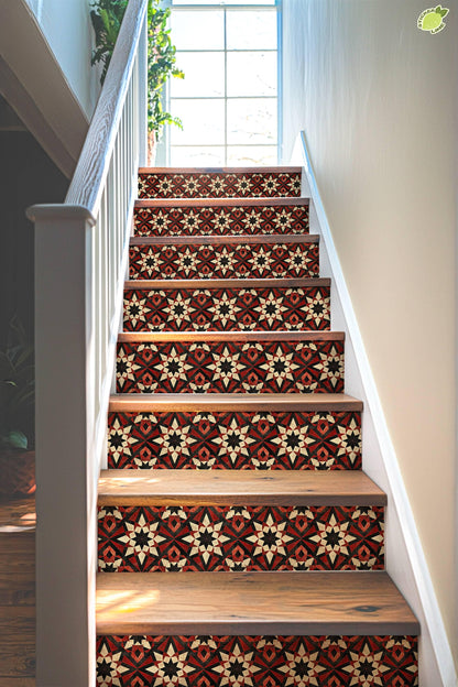 Red & Beige Rustic Moroccan Tile peel and stick stair riser decals, photo 4 of 8