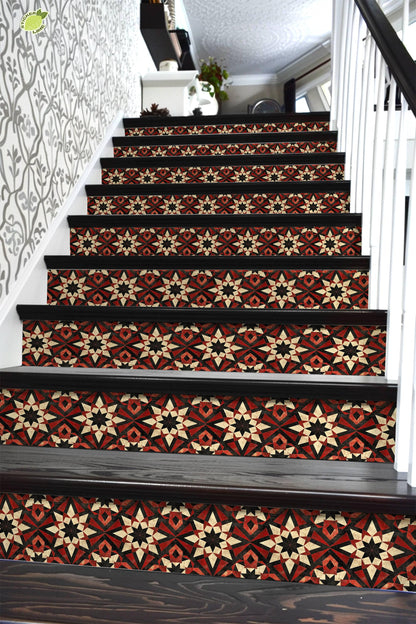 Red & Beige Rustic Moroccan Tile peel and stick stair riser decals, photo 6 of 8