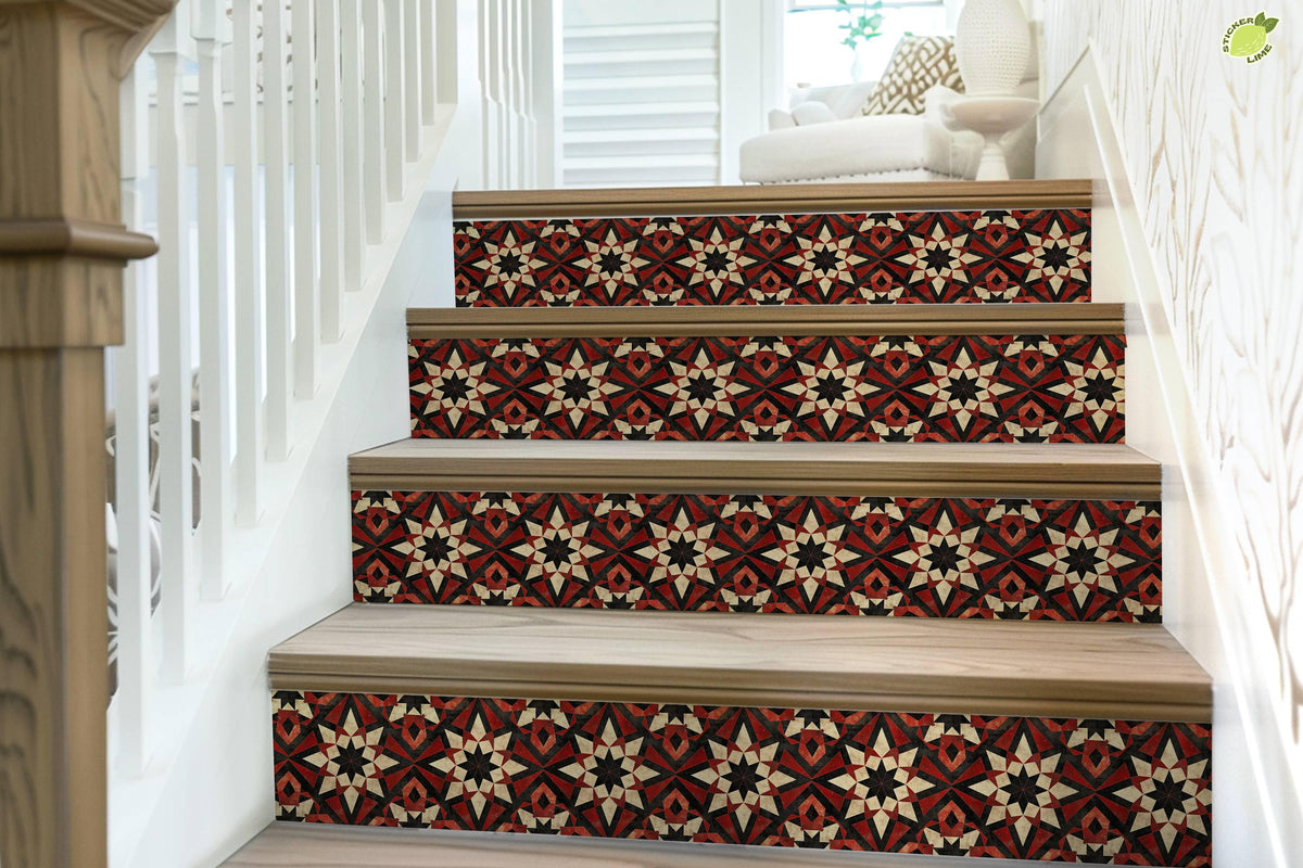 Red & Beige Rustic Moroccan Tile peel and stick stair riser decals, photo 7 of 8