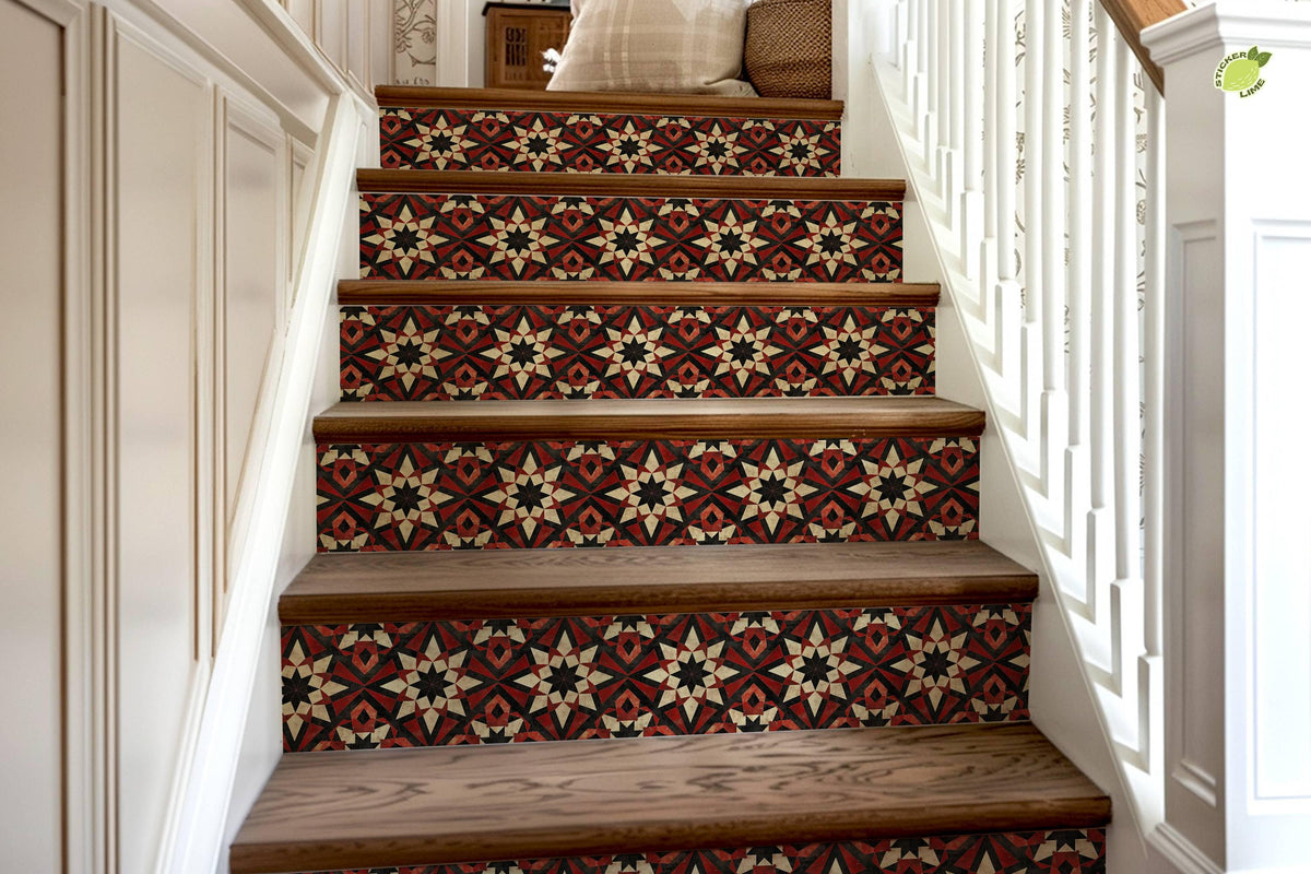Red & Beige Rustic Moroccan Tile peel and stick stair riser decals, photo 8 of 8