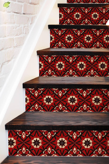 Red & Black Rustic Moroccan Tile peel and stick stair riser decals, photo 3 of 8