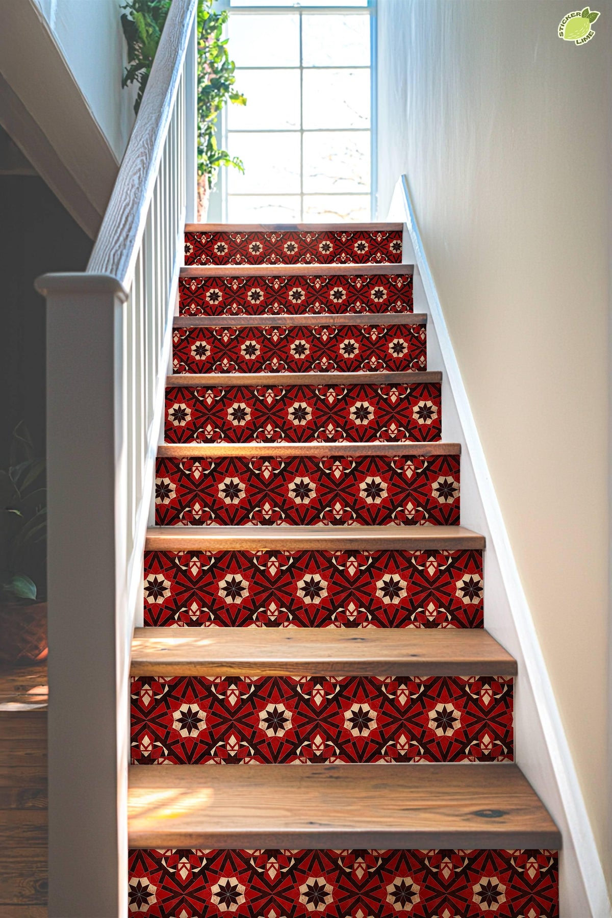 Red & Black Rustic Moroccan Tile peel and stick stair riser decals, photo 4 of 8