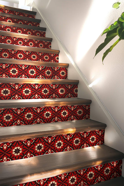 Red & Black Rustic Moroccan Tile peel and stick stair riser decals, photo 5 of 8