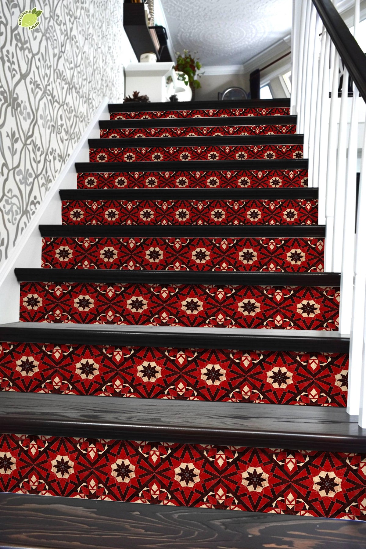 Red & Black Rustic Moroccan Tile peel and stick stair riser decals, photo 6 of 8