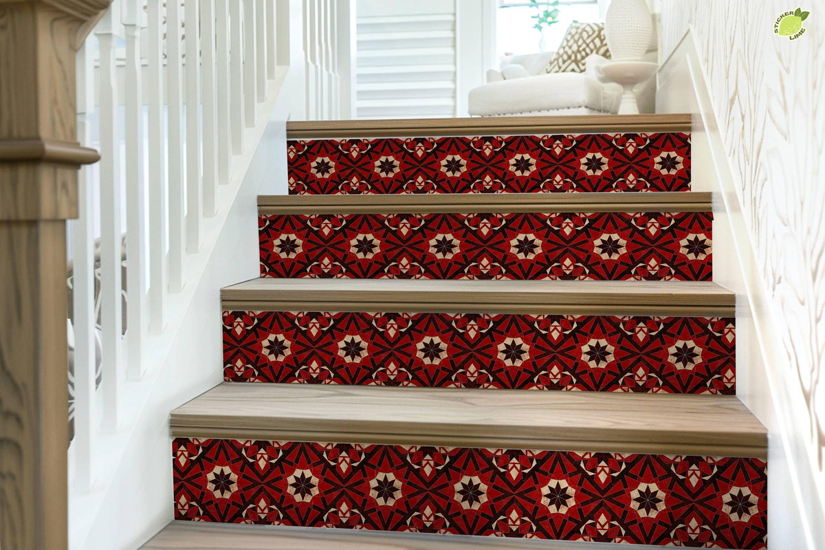 Red & Black Rustic Moroccan Tile peel and stick stair riser decals, photo 7 of 8