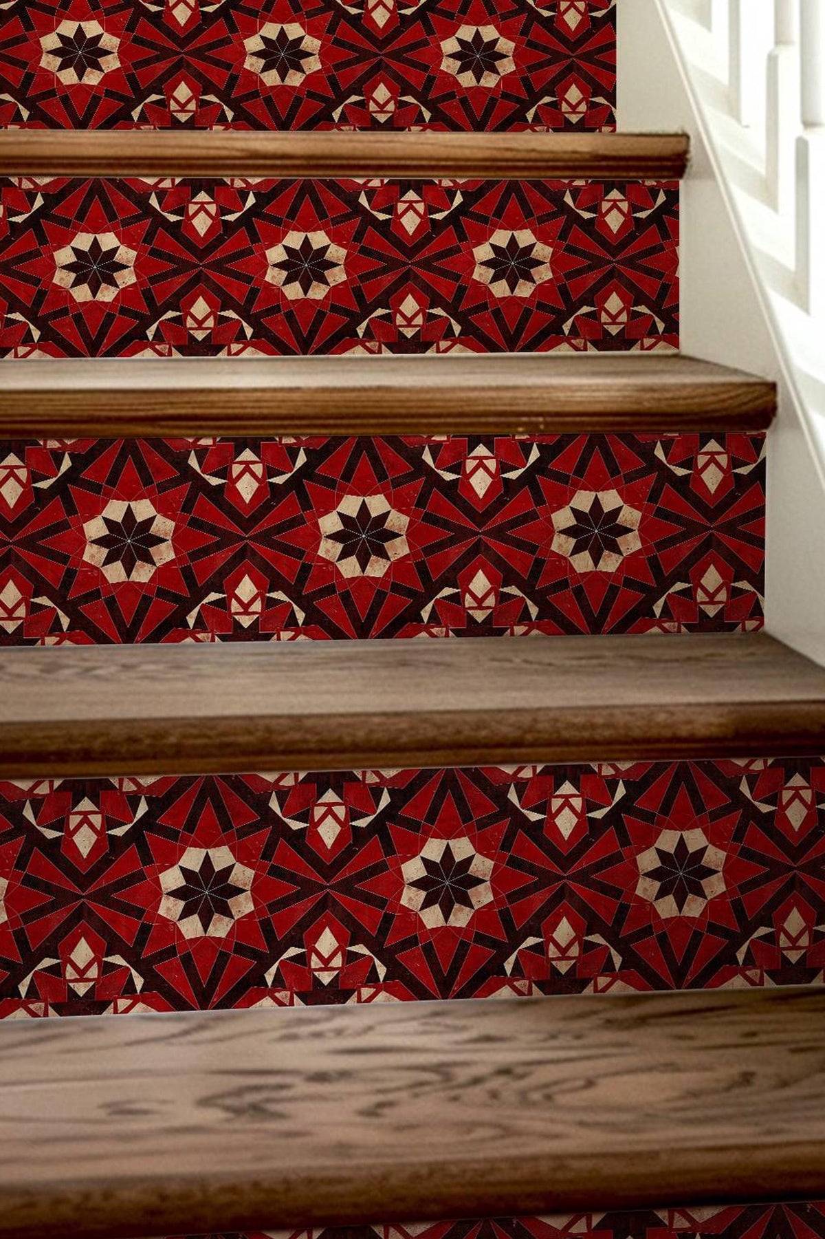 Red & Black Rustic Moroccan Tile peel and stick stair riser decals, photo 8 of 8