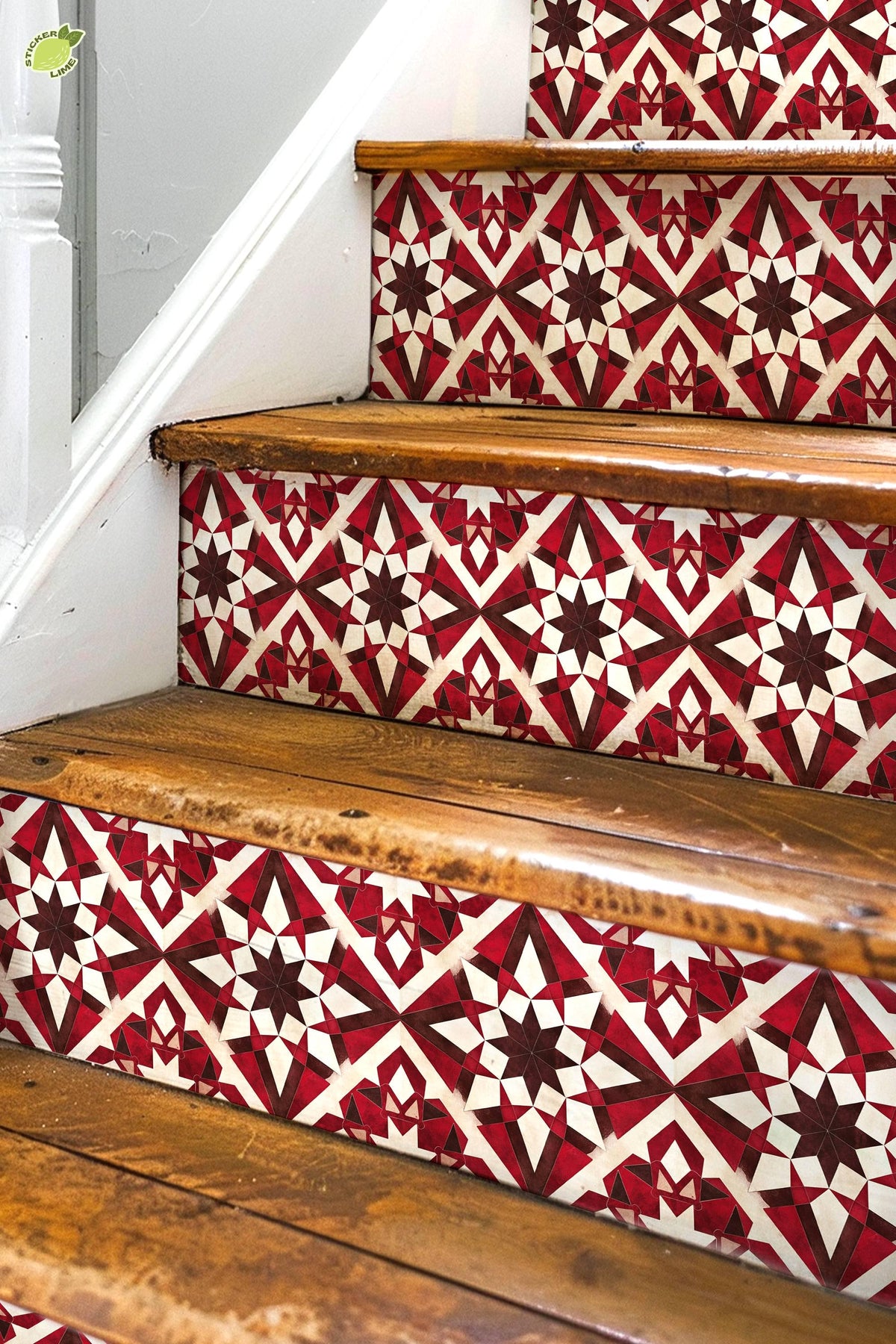 Red & Brown Rustic Moroccan Tile peel and stick stair riser decals