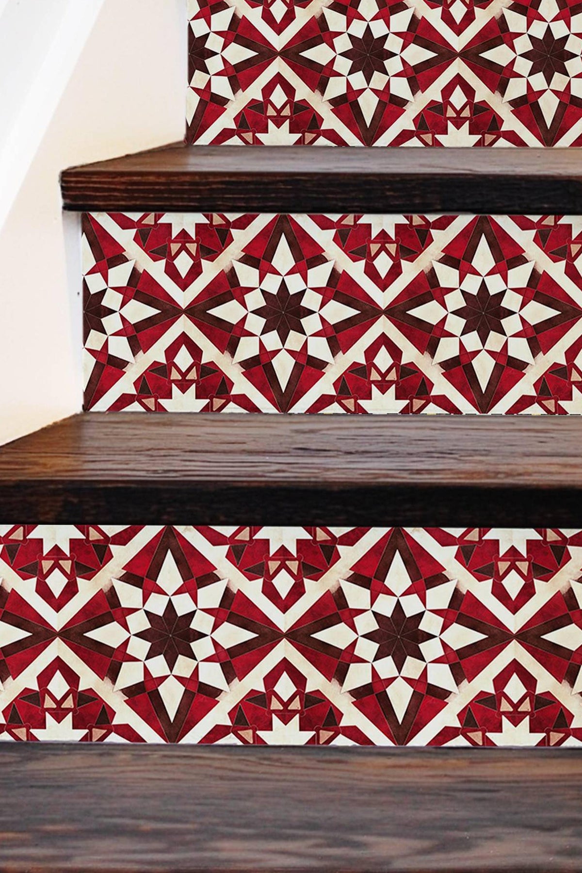 Red & Brown Rustic Moroccan Tile peel and stick stair riser decals, photo 3 of 8