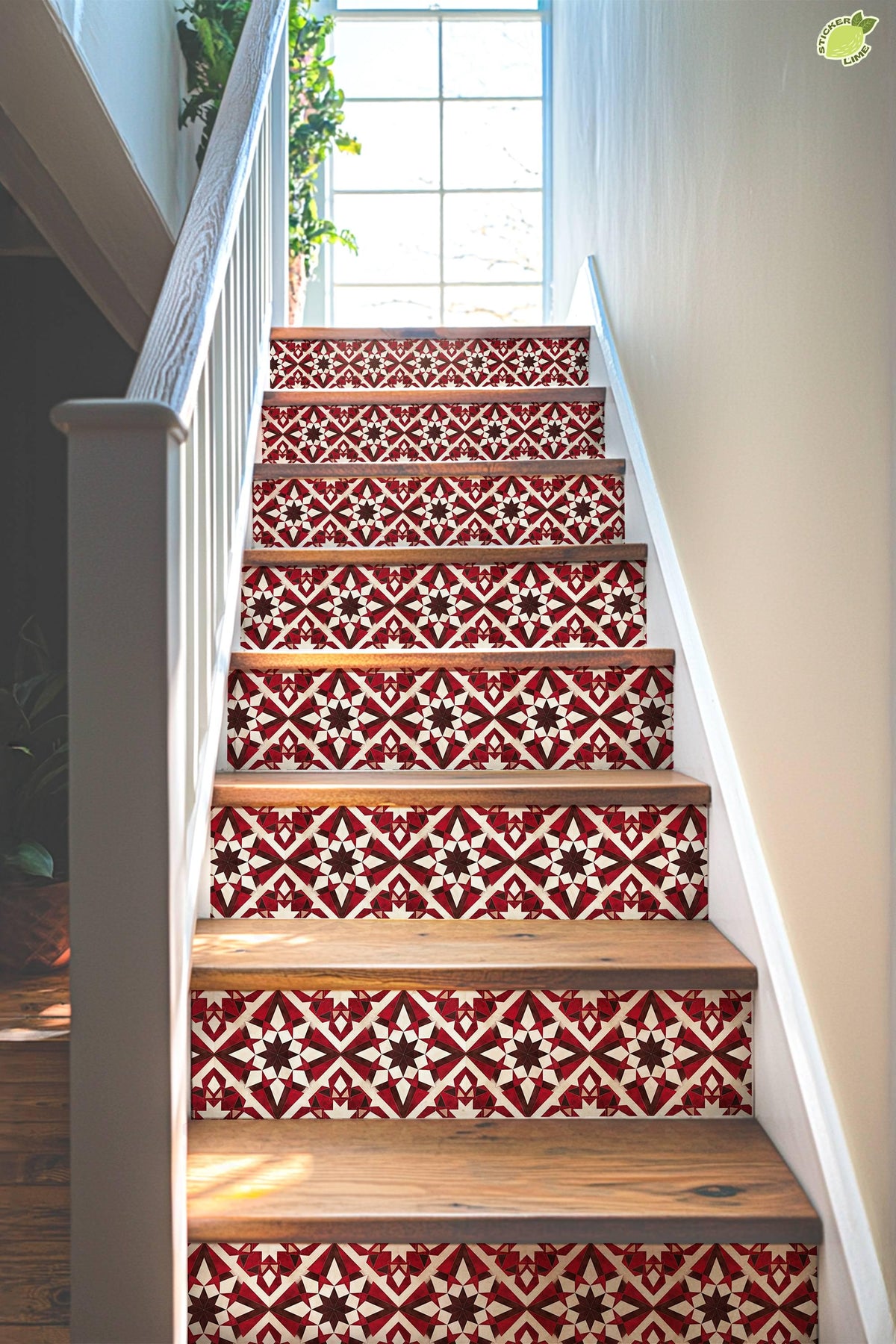 Red & Brown Rustic Moroccan Tile peel and stick stair riser decals, photo 4 of 8
