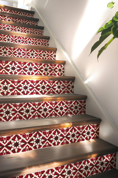 Red & Brown Rustic Moroccan Tile peel and stick stair riser decals, photo 5 of 8