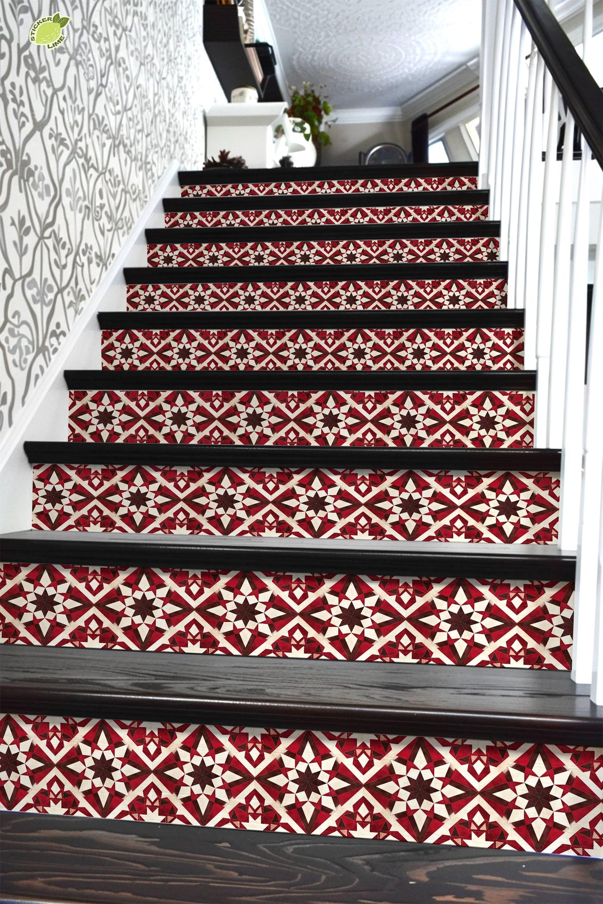 Red & Brown Rustic Moroccan Tile peel and stick stair riser decals, photo 6 of 8