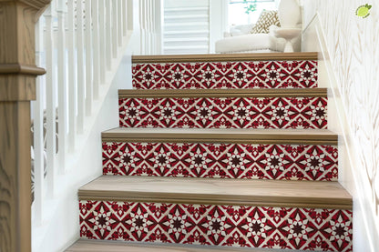 Red & Brown Rustic Moroccan Tile peel and stick stair riser decals, photo 7 of 8