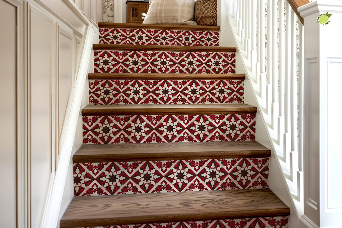 Red & Brown Rustic Moroccan Tile peel and stick stair riser decals, photo 8 of 8