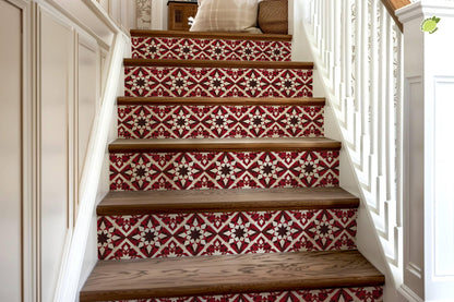 Red & Brown Rustic Moroccan Tile peel and stick stair riser decals, photo 8 of 8