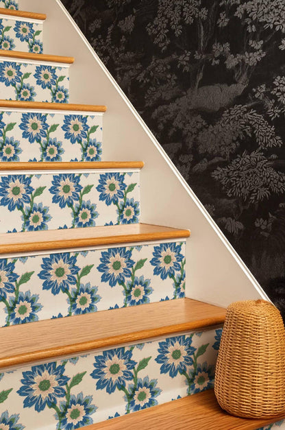 Risograph Floral Block Print peel and stick stair riser decals