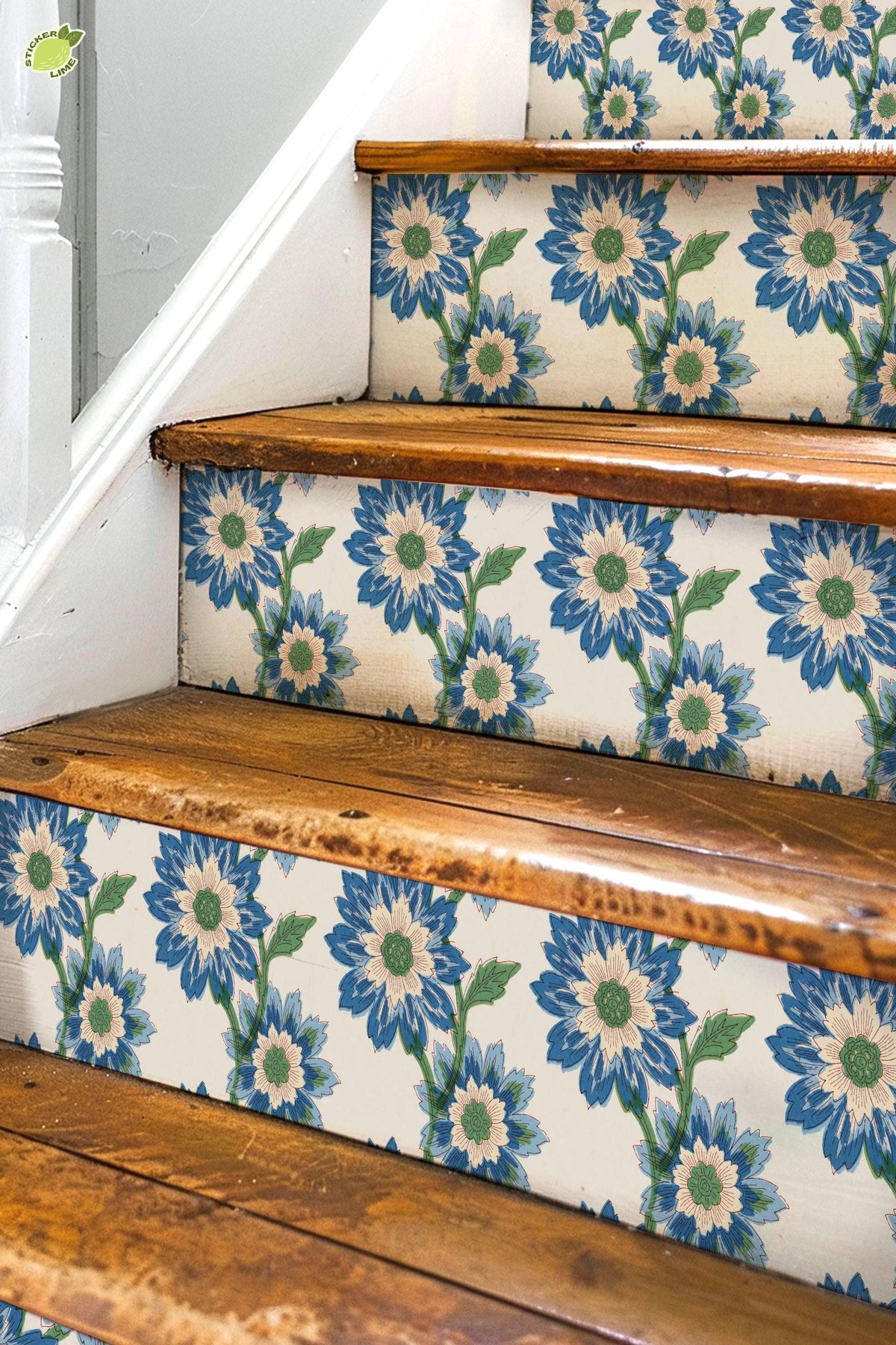 Risograph Floral Block Print peel and stick stair riser decals, photo 3 of 8