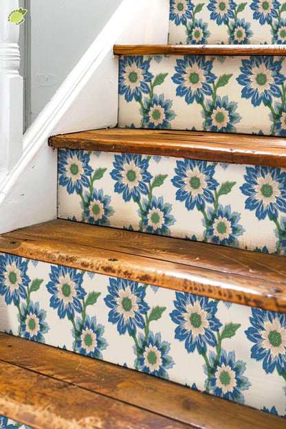 Risograph Floral Block Print peel and stick stair riser decals, photo 3 of 8