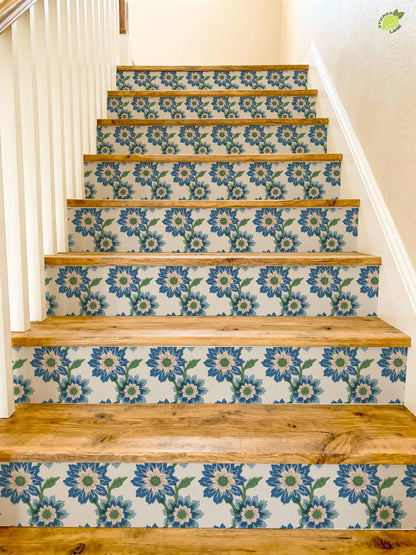 Risograph Floral Block Print peel and stick stair riser decals, photo 4 of 8
