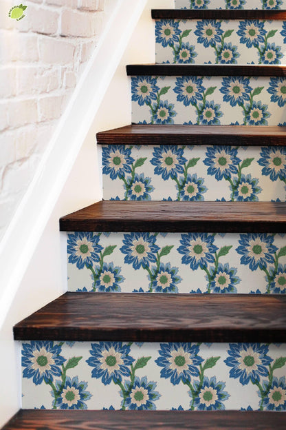 Risograph Floral Block Print peel and stick stair riser decals, photo 5 of 8