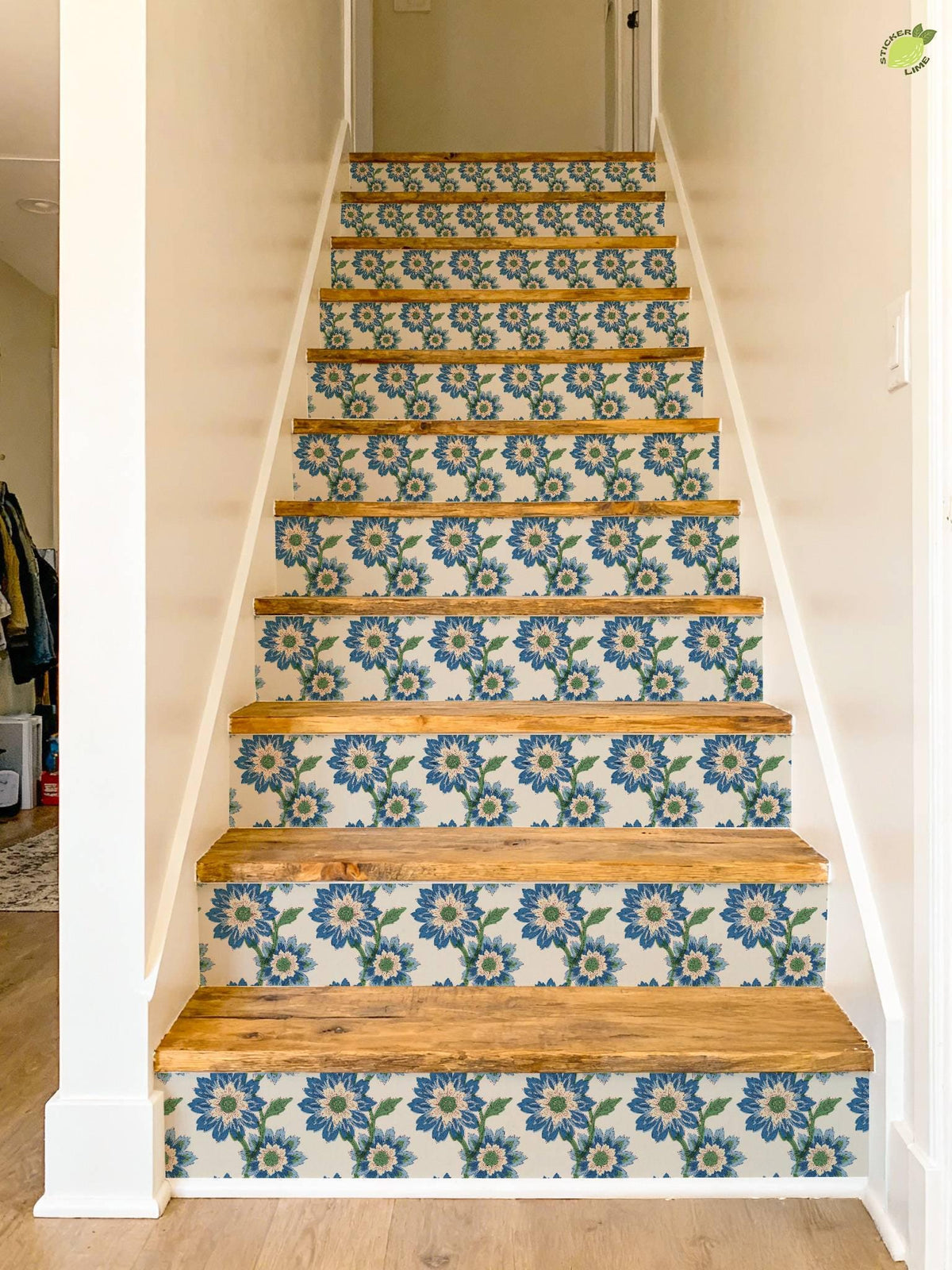 Risograph Floral Block Print peel and stick stair riser decals, photo 6 of 8