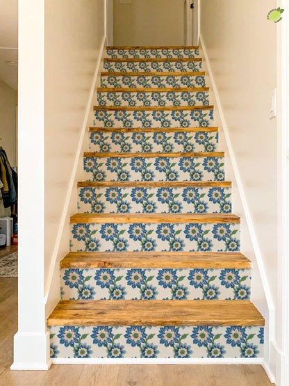 Risograph Floral Block Print peel and stick stair riser decals, photo 6 of 8