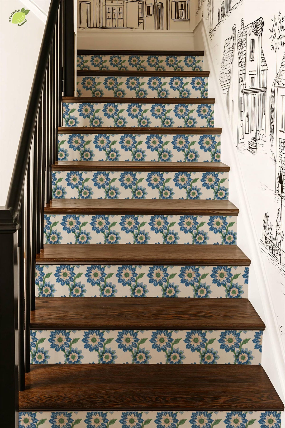 Risograph Floral Block Print peel and stick stair riser decals, photo 7 of 8