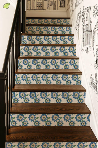 Risograph Floral Block Print peel and stick stair riser decals, photo 7 of 8