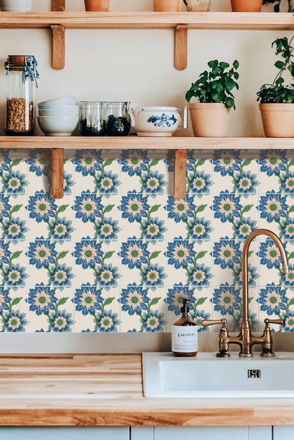 Risograph Floral Block Print peel and stick tile decals