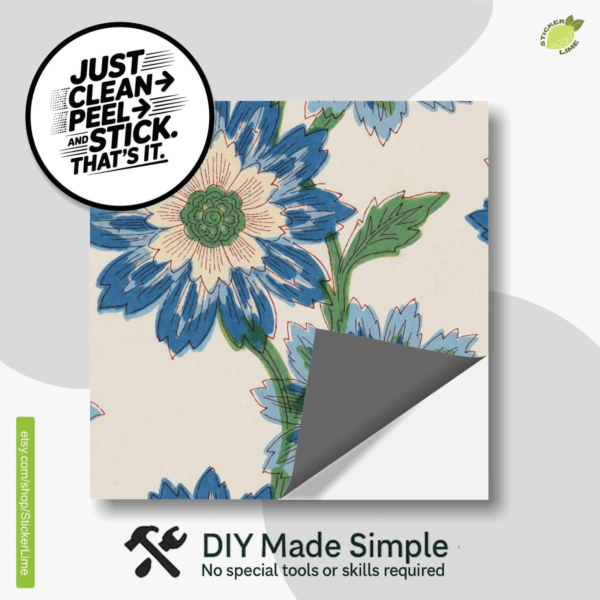 Risograph Floral Block Print peel and stick tile decals, photo 2 of 8