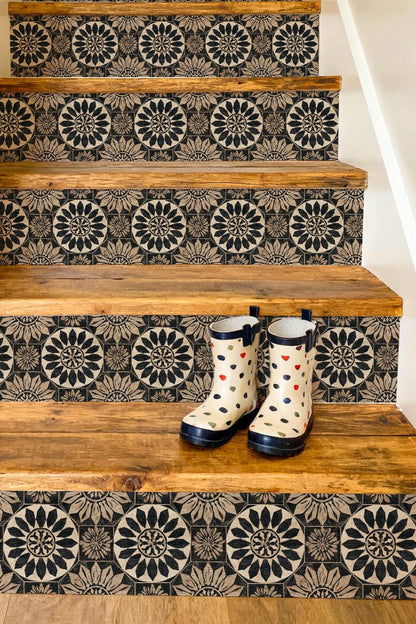 Rustic Black and Tan Floral Motif peel and stick stair riser decals