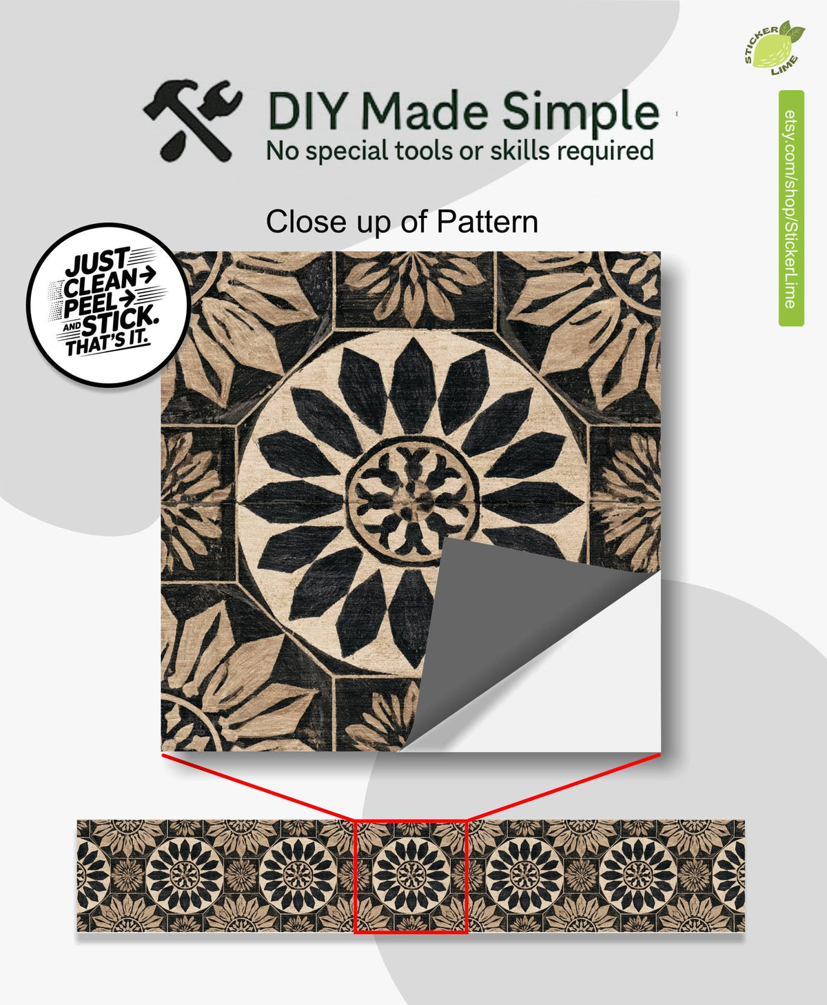Rustic Black and Tan Floral Motif peel and stick stair riser decals, photo 2 of 8