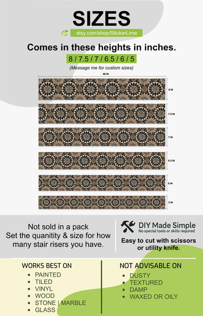 Rustic Black and Tan Floral Motif peel and stick stair riser decals, photo 3 of 8