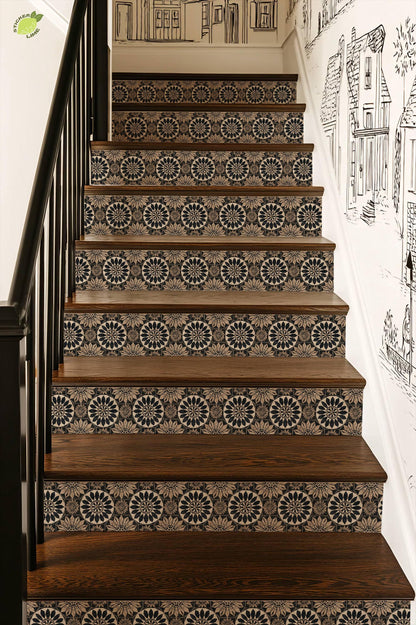 Rustic Black and Tan Floral Motif peel and stick stair riser decals, photo 4 of 8