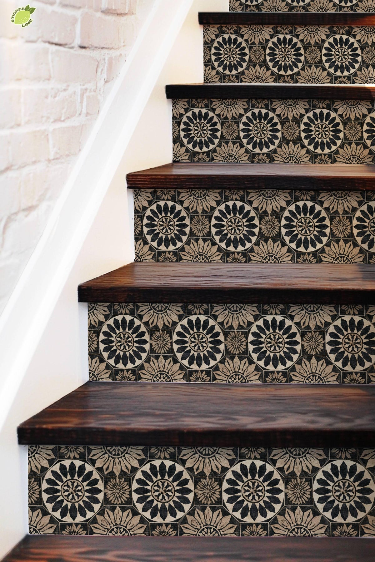 Rustic Black and Tan Floral Motif peel and stick stair riser decals, photo 5 of 8