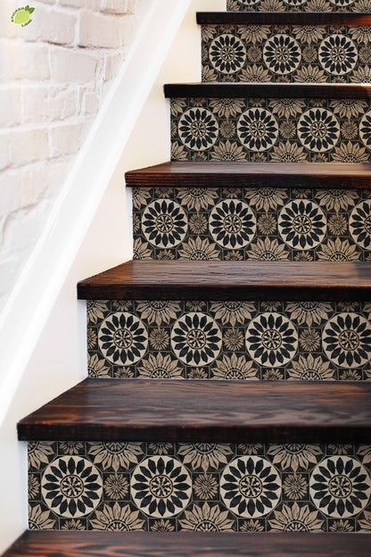 Rustic Black and Tan Floral Motif peel and stick stair riser decals, photo 5 of 8