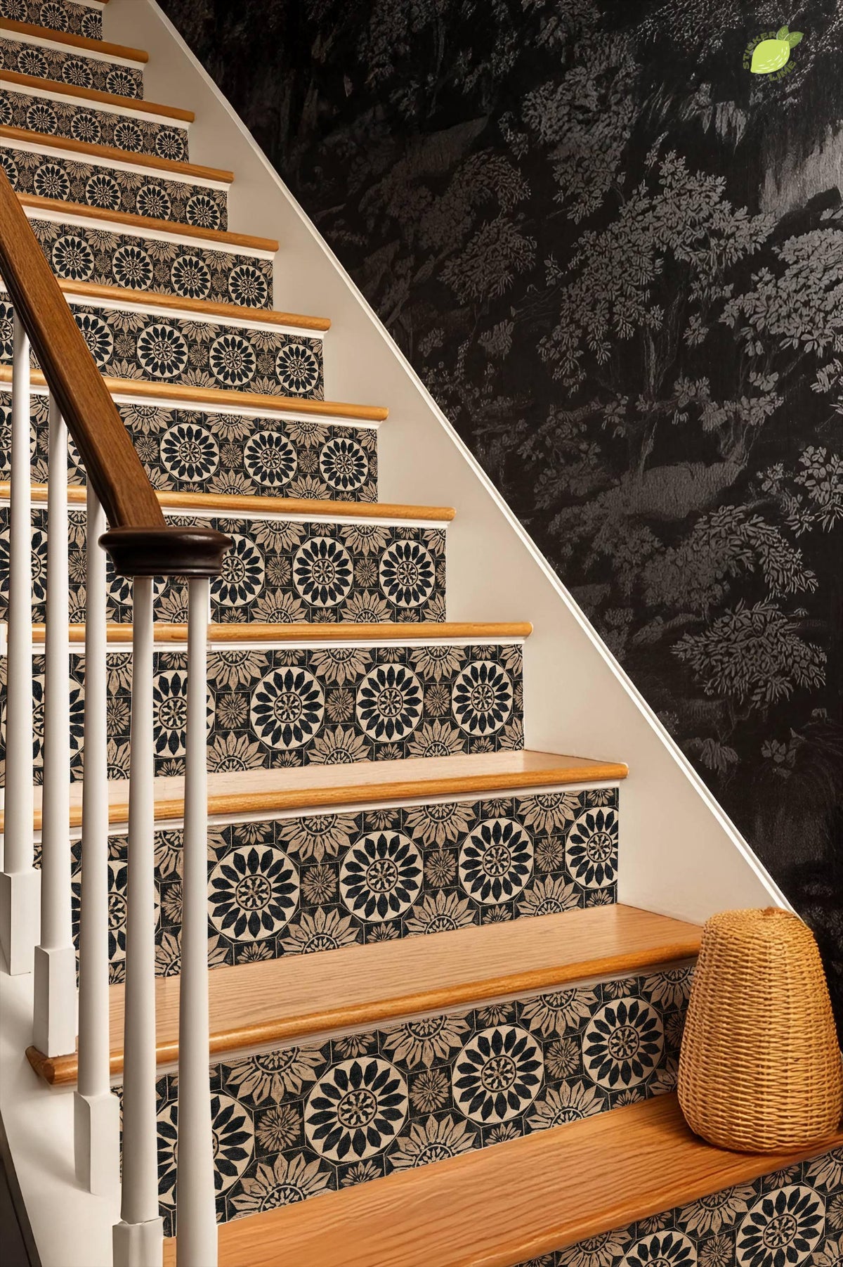 Rustic Black and Tan Floral Motif peel and stick stair riser decals, photo 6 of 8