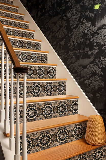 Rustic Black and Tan Floral Motif peel and stick stair riser decals, photo 6 of 8