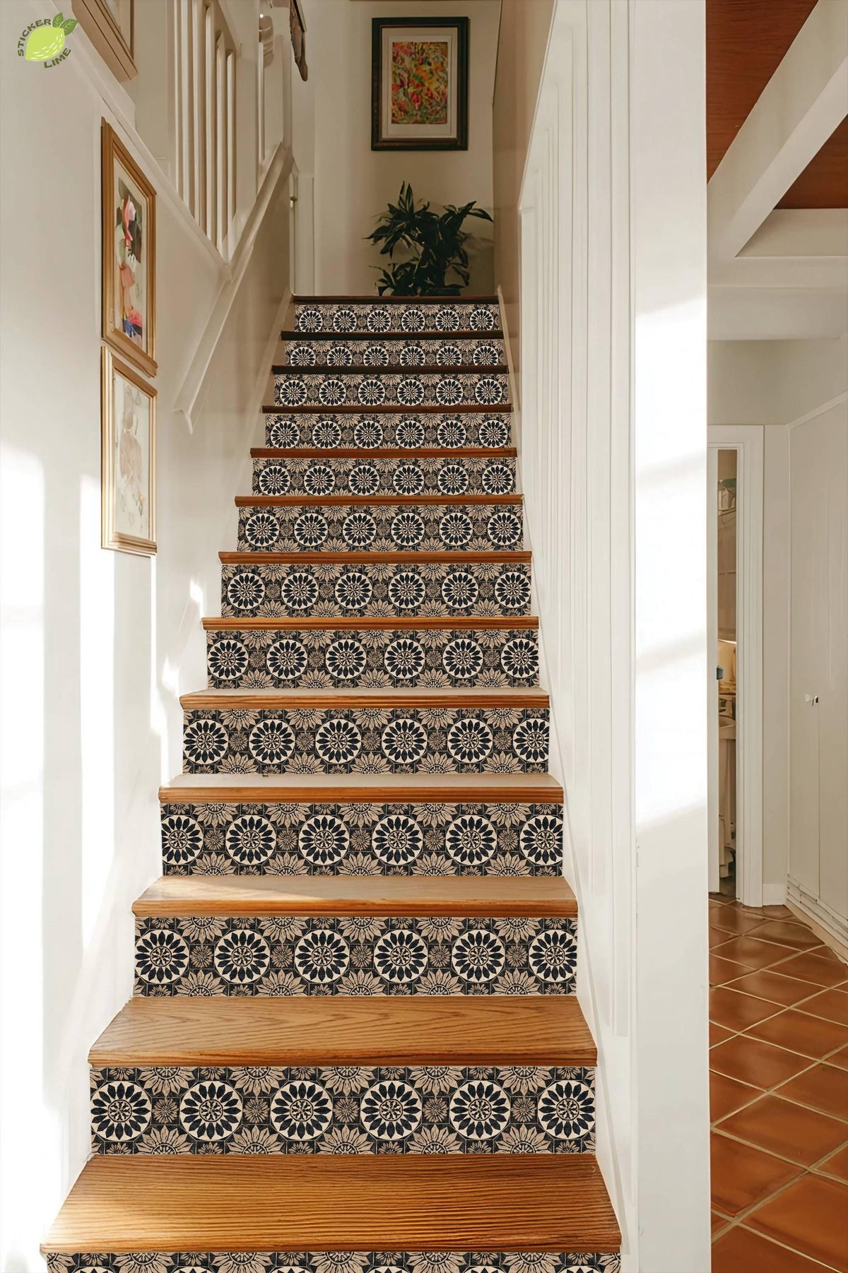 Rustic Black and Tan Floral Motif peel and stick stair riser decals, photo 7 of 8