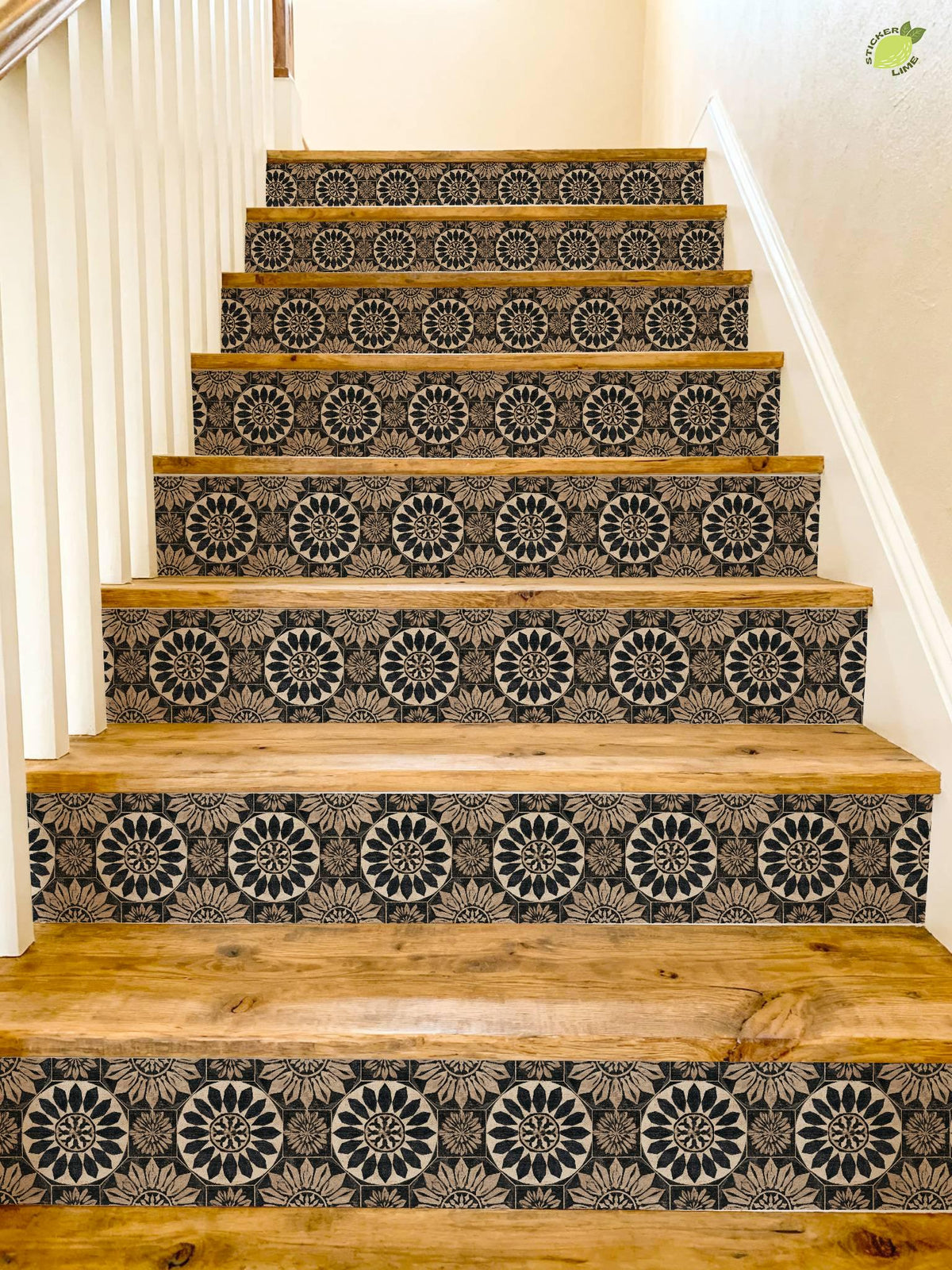 Rustic Black and Tan Floral Motif peel and stick stair riser decals, photo 8 of 8