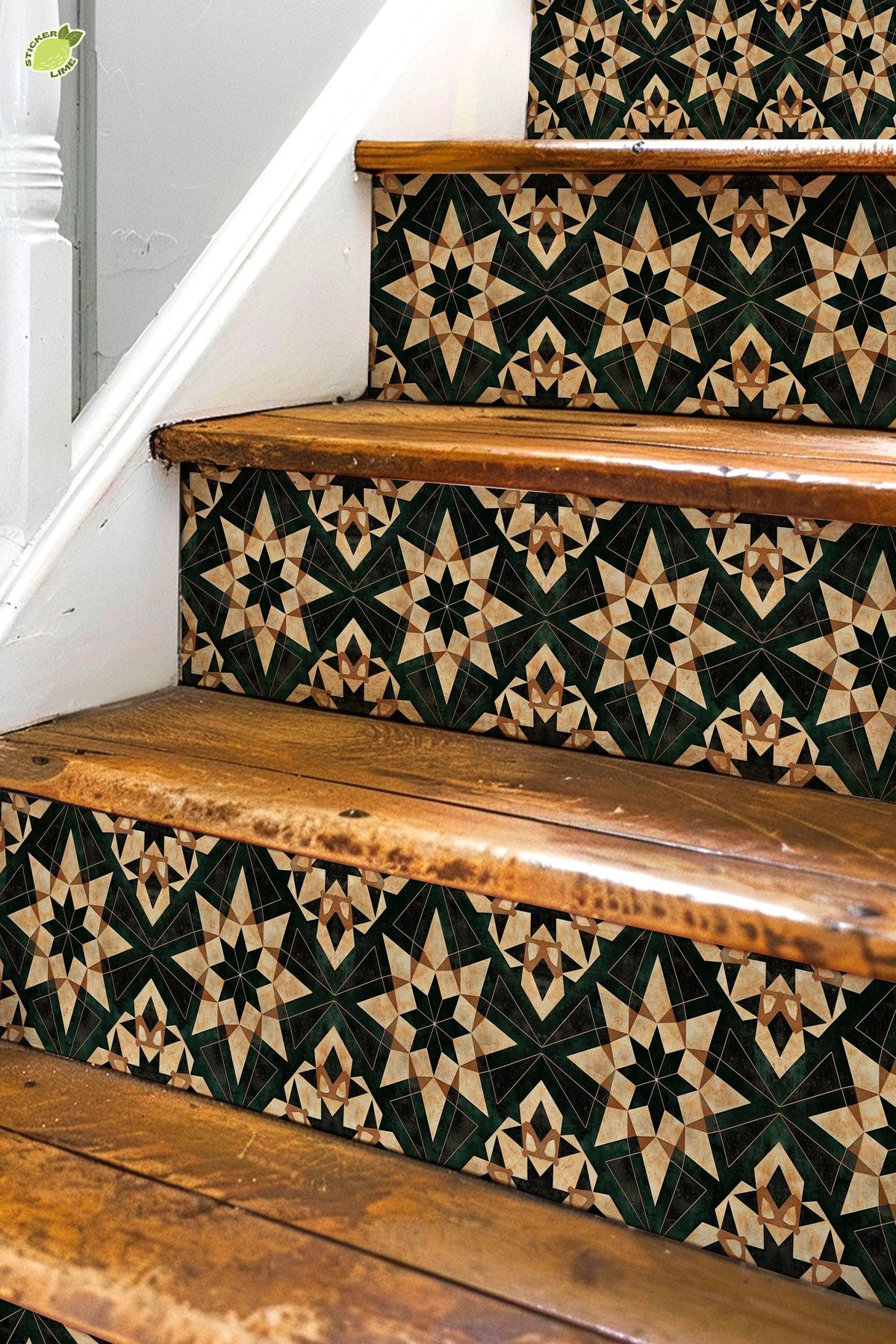 Beige & Green Rustic Moroccan Tile peel and stick stair riser decals, photo 3 of 8