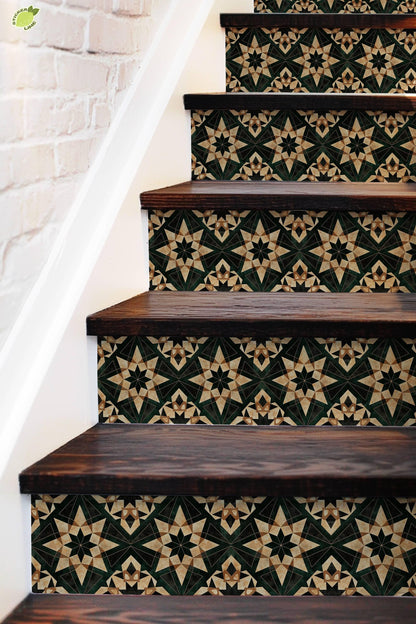 Beige & Green Rustic Moroccan Tile peel and stick stair riser decals, photo 4 of 8