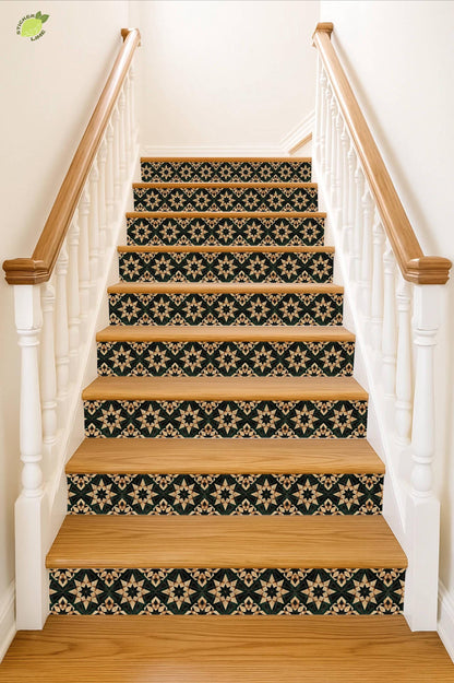 Beige & Green Rustic Moroccan Tile peel and stick stair riser decals, photo 5 of 8
