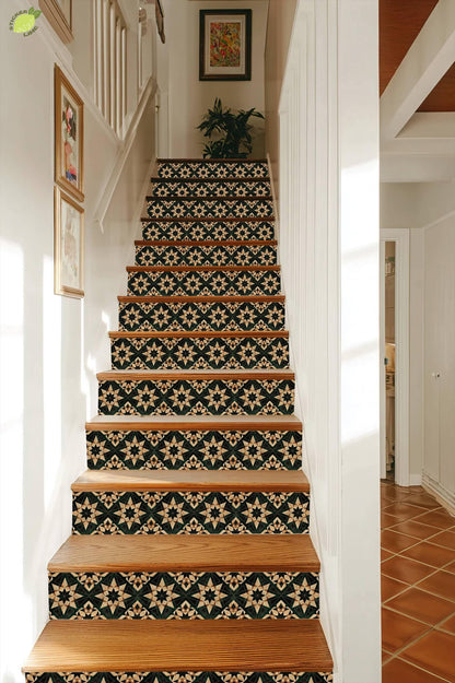Beige & Green Rustic Moroccan Tile peel and stick stair riser decals, photo 6 of 8