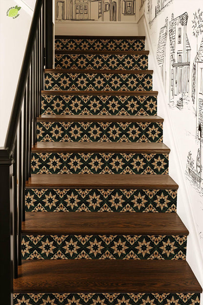 Beige & Green Rustic Moroccan Tile peel and stick stair riser decals, photo 7 of 8