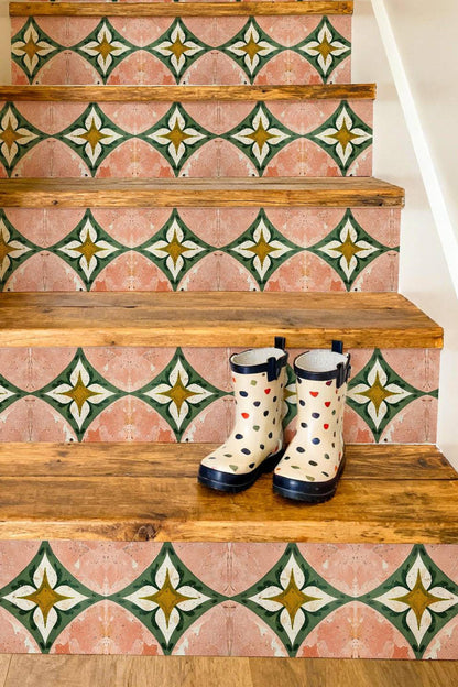 Rustic Terracotta Diamond Floral peel and stick stair riser decals
